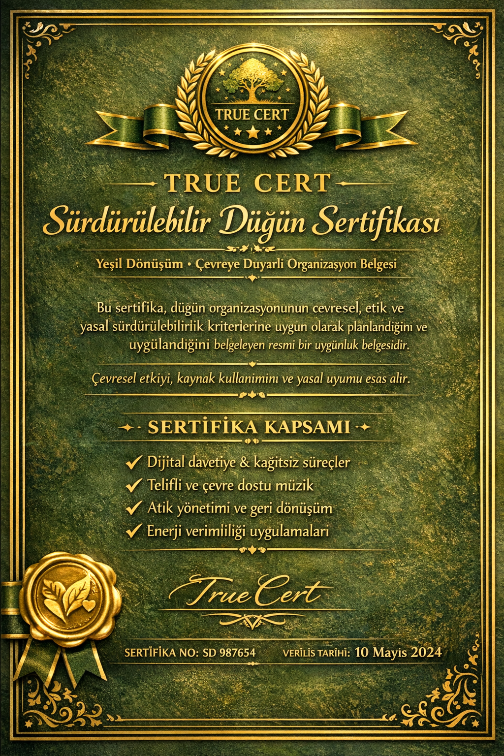 True Cert Sürdürülebilir Düğün Sertifikası